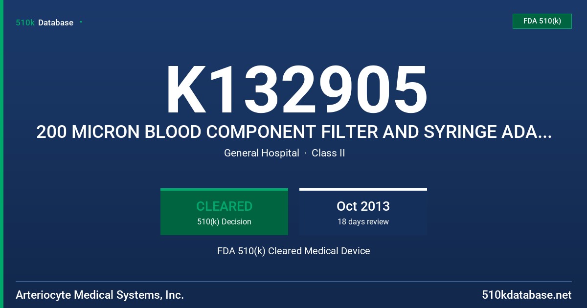 K132905 200 MICRON BLOOD COMPONENT FILTER AND SYRINGE ADAPTER FDA 510(k) Cleared Medical Device