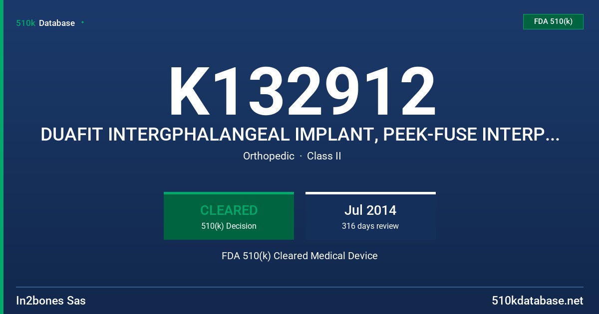 K132912 DUAFIT INTERGPHALANGEAL IMPLANT, PEEK-FUSE INTERPHALANGEAL IMPLANT FDA 510(k) Cleared Medical Device
