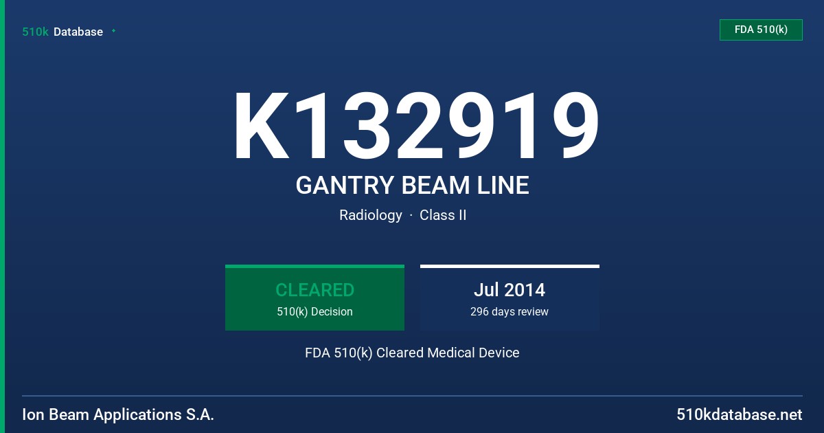 K132919 GANTRY BEAM LINE FDA 510(k) Cleared Medical Device