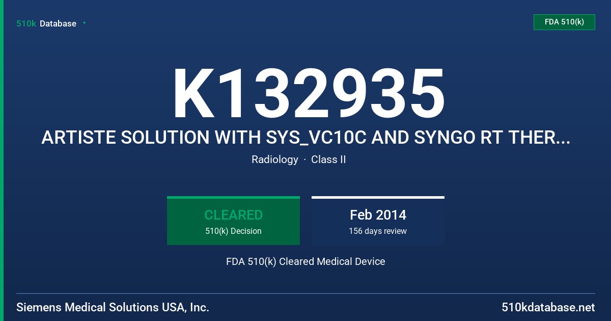K132935 ARTISTE SOLUTION WITH SYS_VC10C AND SYNGO RT THERAPIST WORKSPACE, V4.3.1 UPGRADE KIT, ARIA CONNECTIVITY OPTION FOR SIEME FDA 510(k) Cleared Medical Device