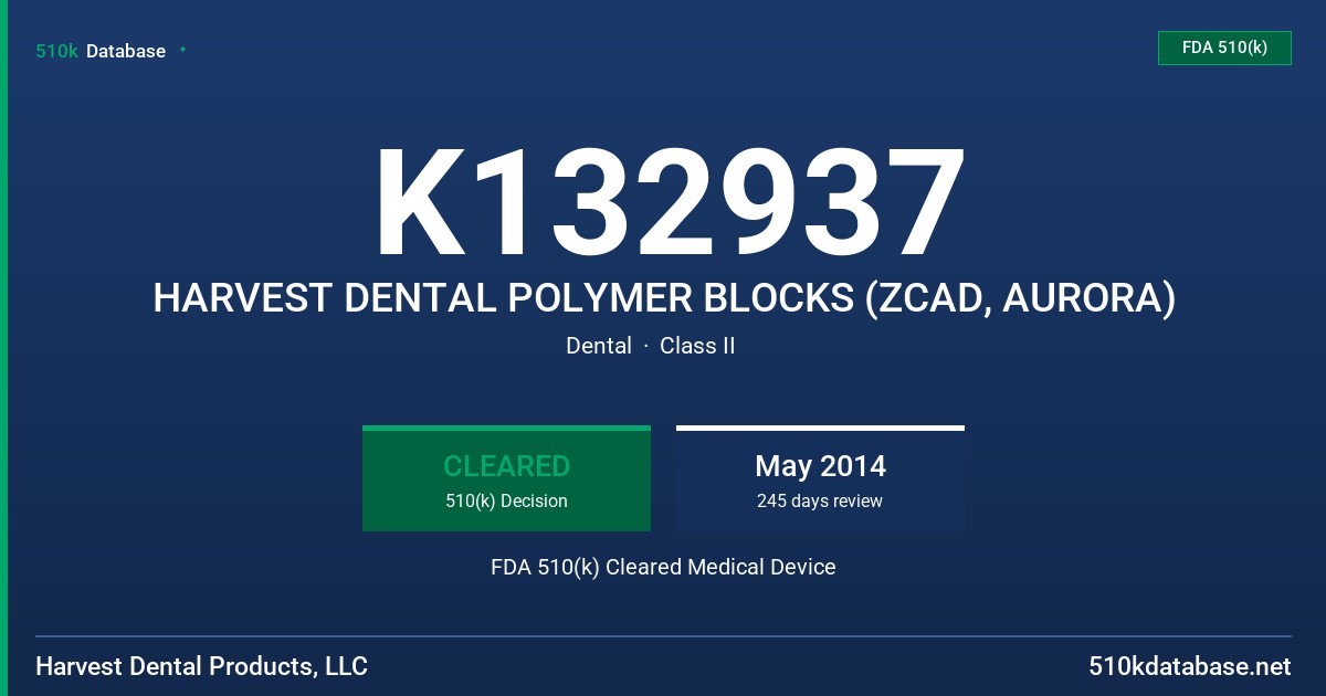 K132937 HARVEST DENTAL POLYMER BLOCKS (ZCAD, AURORA) FDA 510(k) Cleared Medical Device