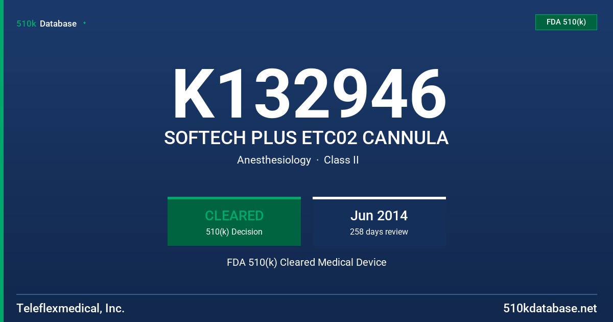 K132946 SOFTECH PLUS ETC02 CANNULA FDA 510(k) Cleared Medical Device