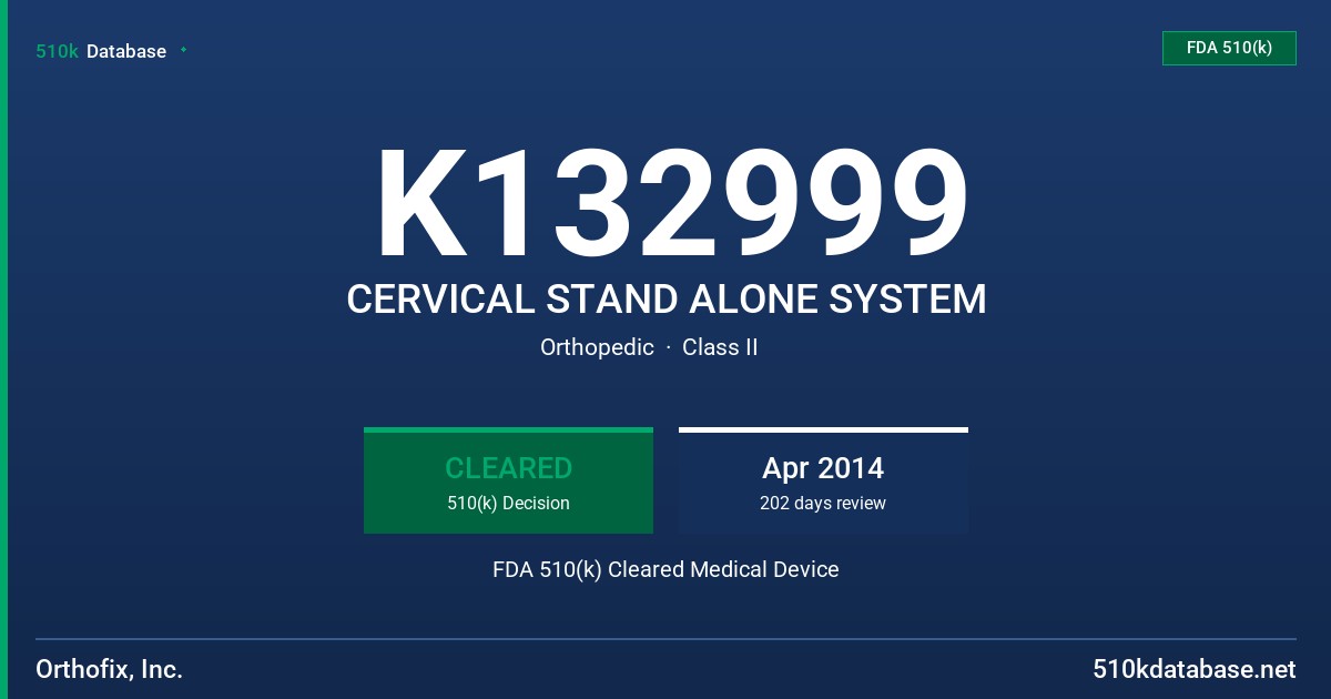K132999 CERVICAL STAND ALONE SYSTEM FDA 510(k) Cleared Medical Device