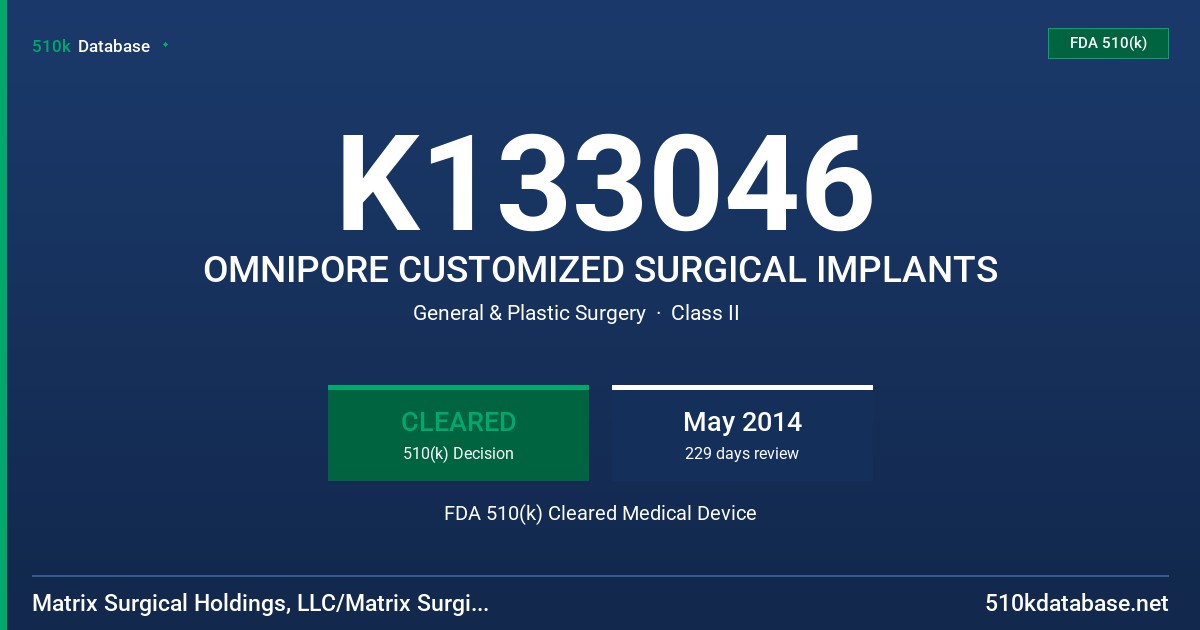 K133046 OMNIPORE CUSTOMIZED SURGICAL IMPLANTS FDA 510(k) Cleared Medical Device