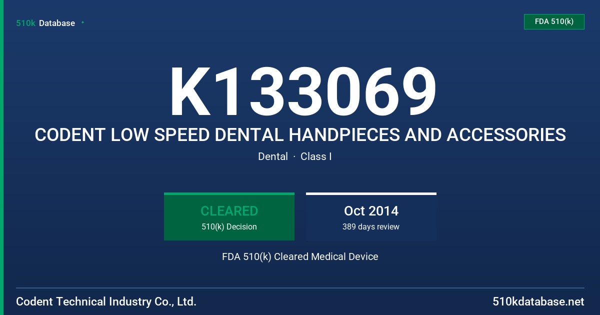 K133069 CODENT LOW SPEED DENTAL HANDPIECES AND ACCESSORIES FDA 510(k) Cleared Medical Device