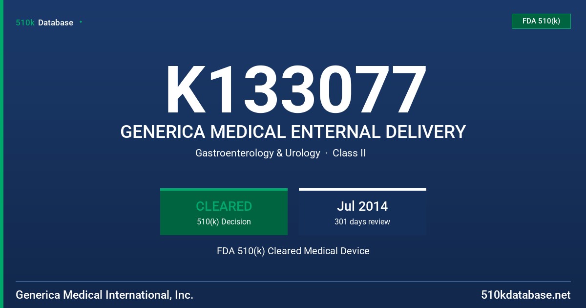 K133077 GENERICA MEDICAL ENTERNAL DELIVERY FDA 510(k) Cleared Medical Device