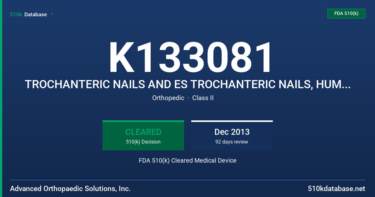 K133081 TROCHANTERIC NAILS AND ES TROCHANTERIC NAILS, HUMERAL NAISL, TIBIAL NAILS, ANTEGRADE FEMORAL NAILS, RETROGRADE FEMORAL N FDA 510(k) Cleared Medical Device