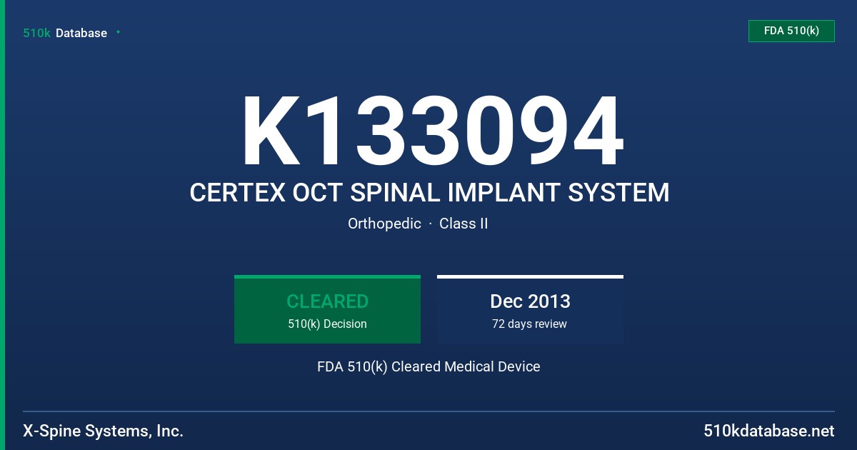 K133094 CERTEX OCT SPINAL IMPLANT SYSTEM FDA 510(k) Cleared Medical Device