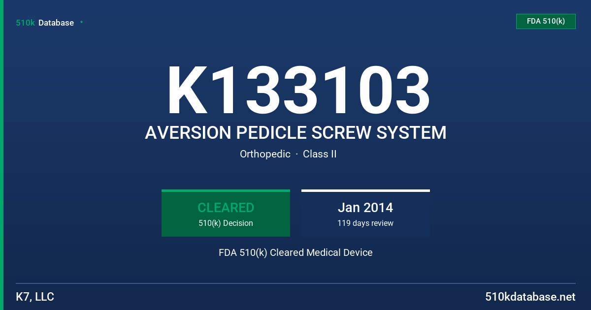 K133103 AVERSION PEDICLE SCREW SYSTEM FDA 510(k) Cleared Medical Device