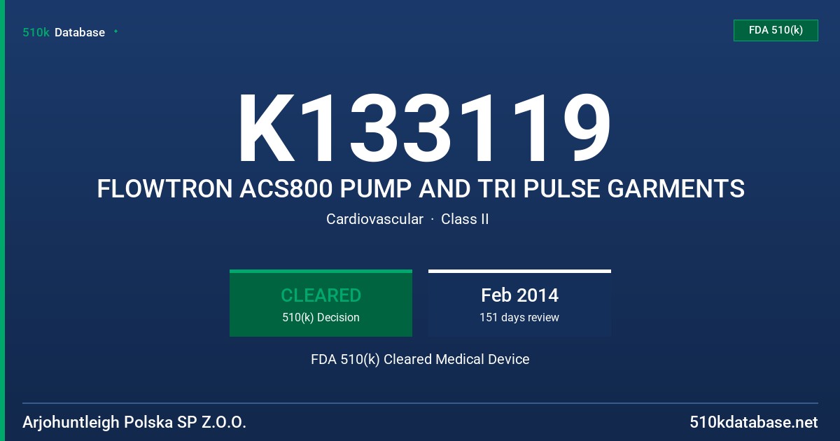 K133119 FLOWTRON ACS800 PUMP AND TRI PULSE GARMENTS FDA 510(k) Cleared Medical Device