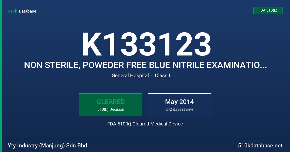 K133123 NON STERILE, POWEDER FREE BLUE NITRILE EXAMINATION GLOVES - 8623F FDA 510(k) Cleared Medical Device