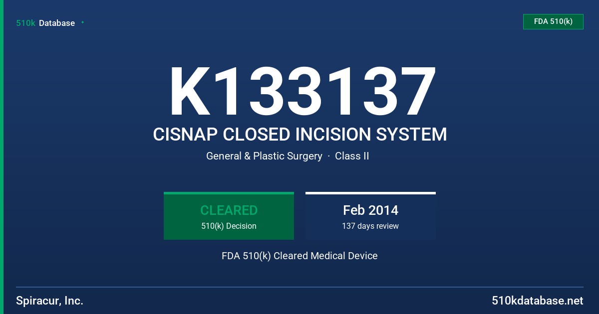 K133137 CISNAP CLOSED INCISION SYSTEM FDA 510(k) Cleared Medical Device