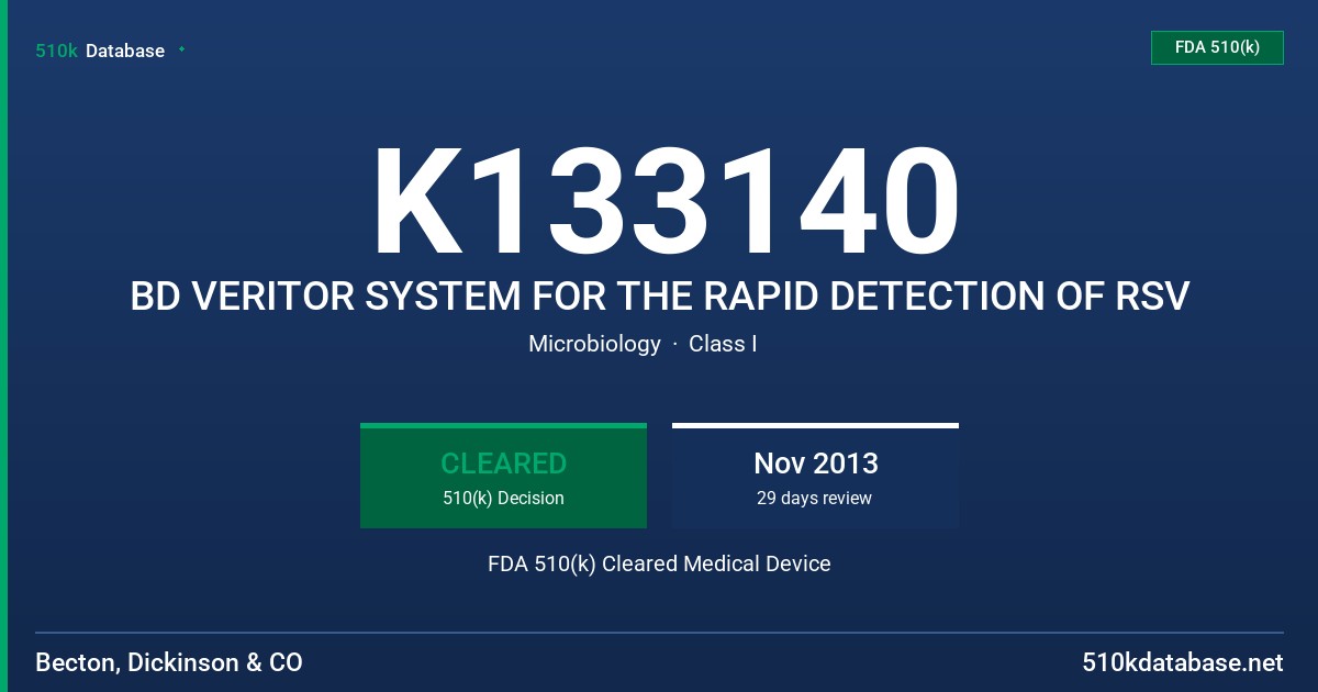 K133140 BD VERITOR SYSTEM FOR THE RAPID DETECTION OF RSV FDA 510(k) Cleared Medical Device