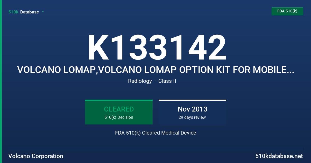 K133142 VOLCANO LOMAP,VOLCANO LOMAP OPTION KIT FOR MOBILE SYSTEM,VOLCANO LOMAP OPTION FOR INTEGRATED SYSTEM,VOLCANO S5 PRECISION FDA 510(k) Cleared Medical Device
