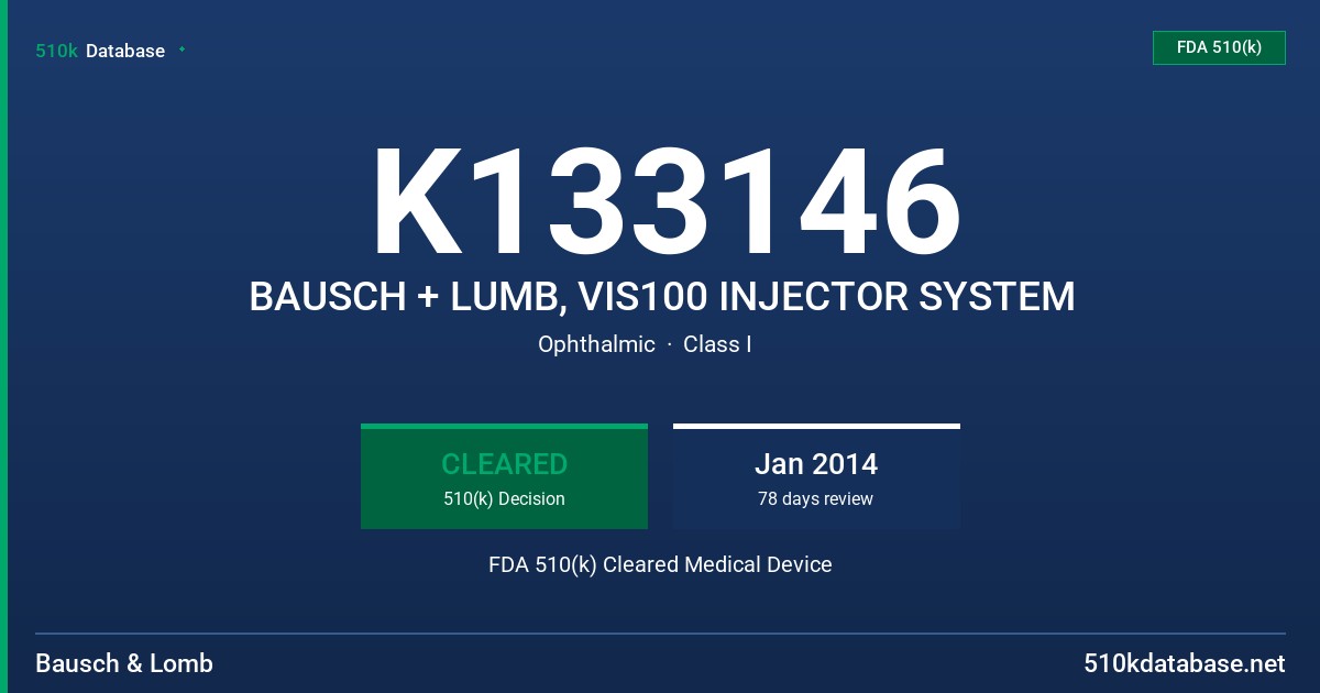 K133146 BAUSCH + LUMB, VIS100 INJECTOR SYSTEM FDA 510(k) Cleared Medical Device