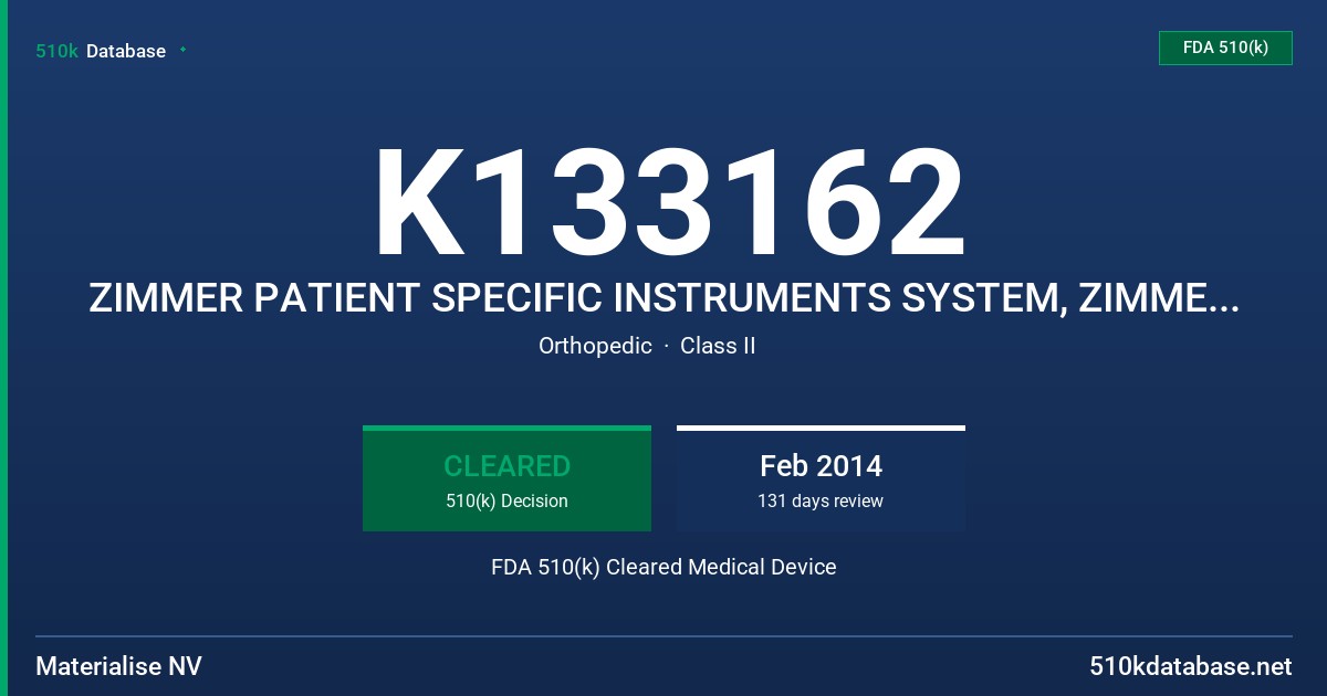 K133162 ZIMMER PATIENT SPECIFIC INSTRUMENTS SYSTEM, ZIMMER PATIENT SPECIFIC INSTRUMENTS, ZIMMER PATIENT SPECIFIC INSTRUMENTS PLA FDA 510(k) Cleared Medical Device