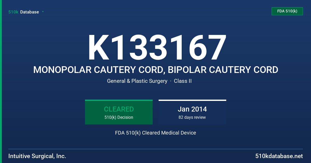 K133167 MONOPOLAR CAUTERY CORD, BIPOLAR CAUTERY CORD FDA 510(k) Cleared Medical Device