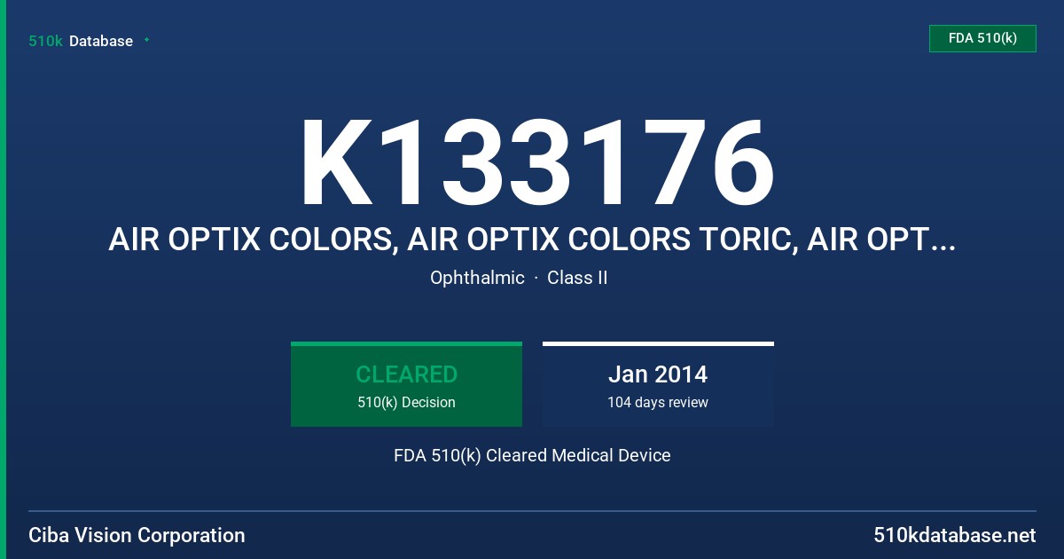 K133176 AIR OPTIX COLORS, AIR OPTIX COLORS TORIC, AIR OPTIX COLORS MULTIFOCAL FDA 510(k) Cleared Medical Device