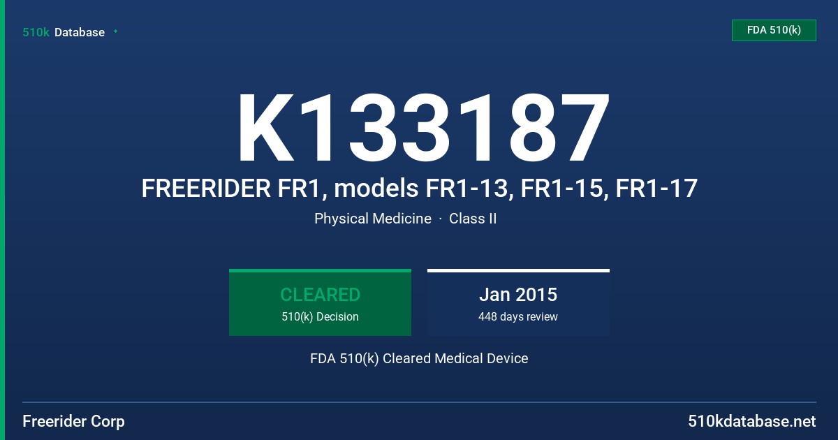 K133187 FREERIDER FR1, models FR1-13, FR1-15, FR1-17 FDA 510(k) Cleared Medical Device