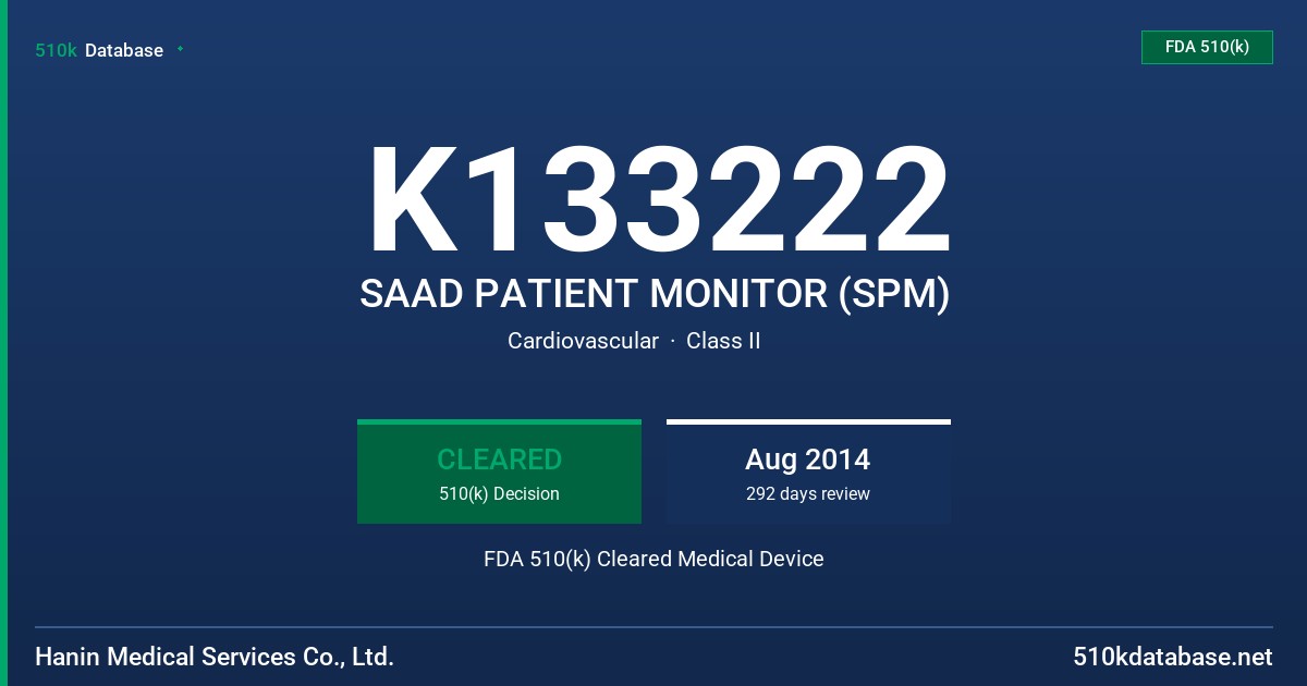 K133222 SAAD PATIENT MONITOR (SPM) FDA 510(k) Cleared Medical Device
