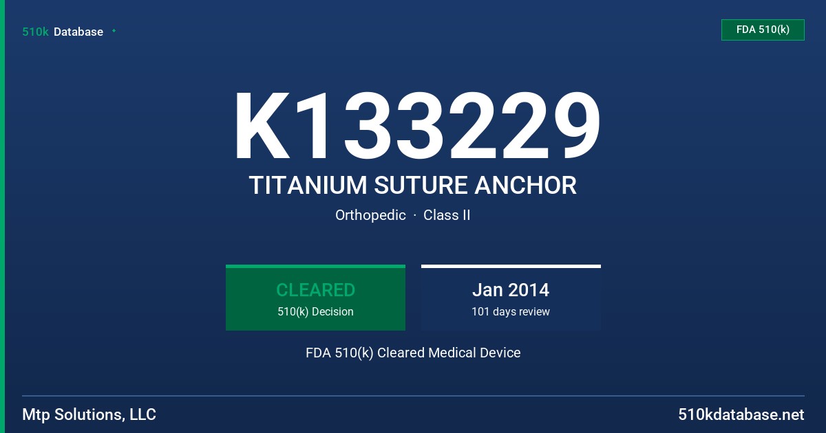 K133229 TITANIUM SUTURE ANCHOR FDA 510(k) Cleared Medical Device