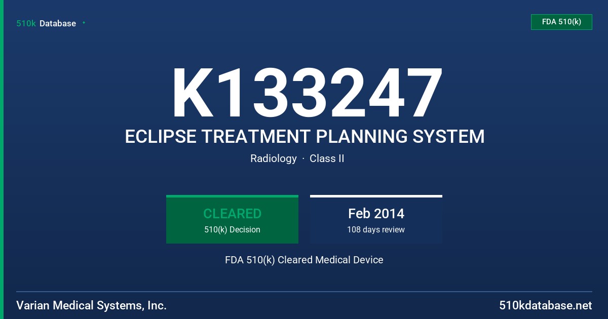 K133247 ECLIPSE TREATMENT PLANNING SYSTEM FDA 510(k) Cleared Medical Device