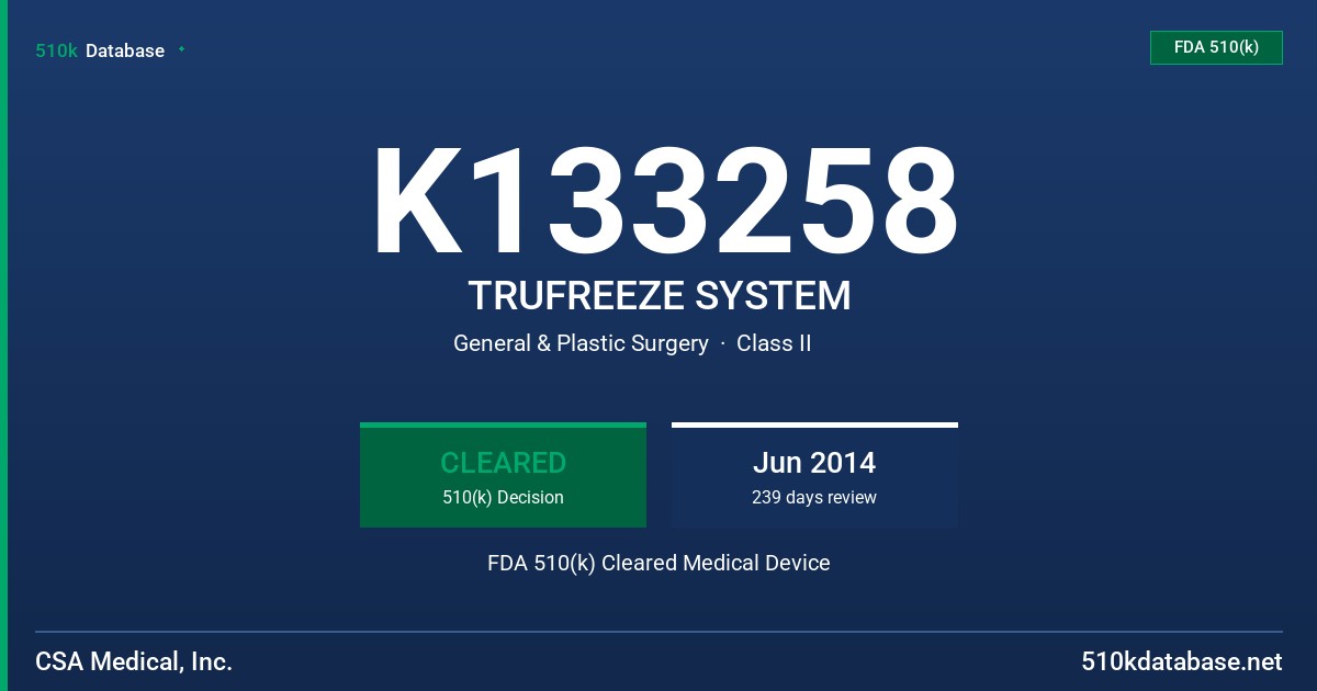 K133258 TRUFREEZE SYSTEM FDA 510(k) Cleared Medical Device