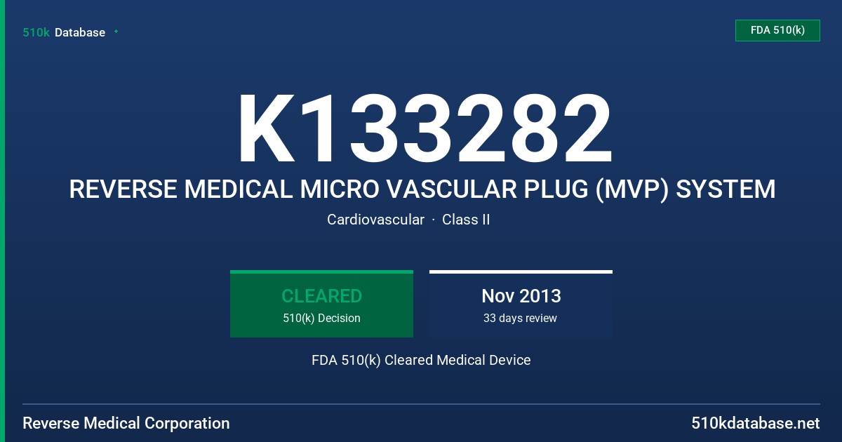 K133282 REVERSE MEDICAL MICRO VASCULAR PLUG (MVP) SYSTEM FDA 510(k) Cleared Medical Device