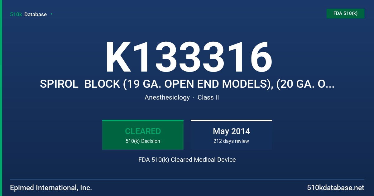 K133316 SPIROL  BLOCK (19 GA. OPEN END MODELS), (20 GA. OPEN END MODELS), (19 GA. CLOSED END MODELS), (20 GA. CLOSED END MODELS) FDA 510(k) Cleared Medical Device