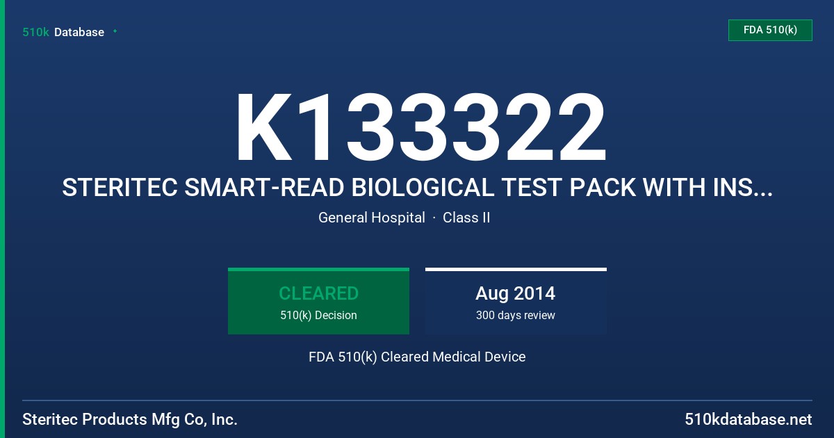 K133322 STERITEC SMART-READ BIOLOGICAL TEST PACK WITH INSTANT READOUT INTEGRATOR FDA 510(k) Cleared Medical Device