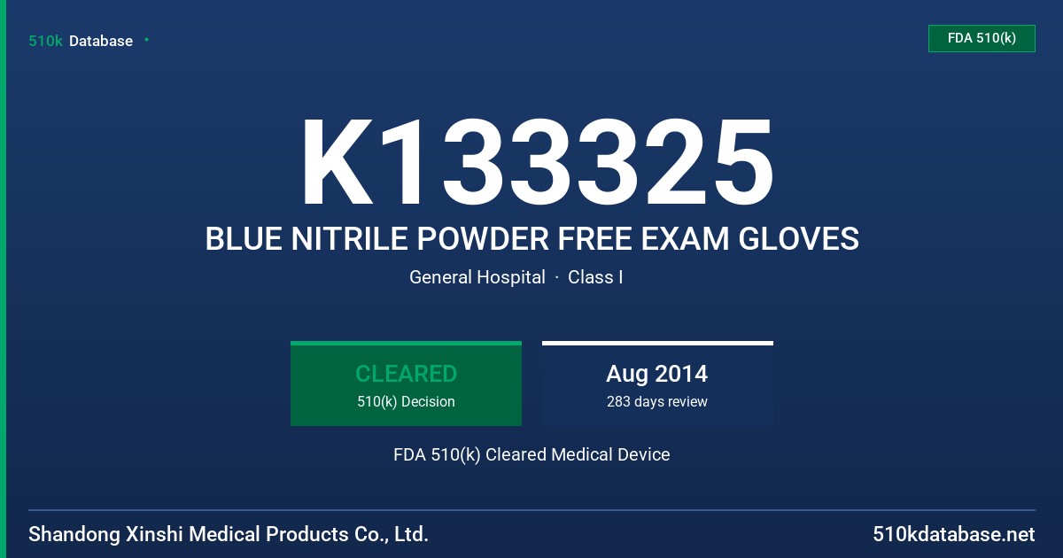 K133325 BLUE NITRILE POWDER FREE EXAM GLOVES FDA 510(k) Cleared Medical Device