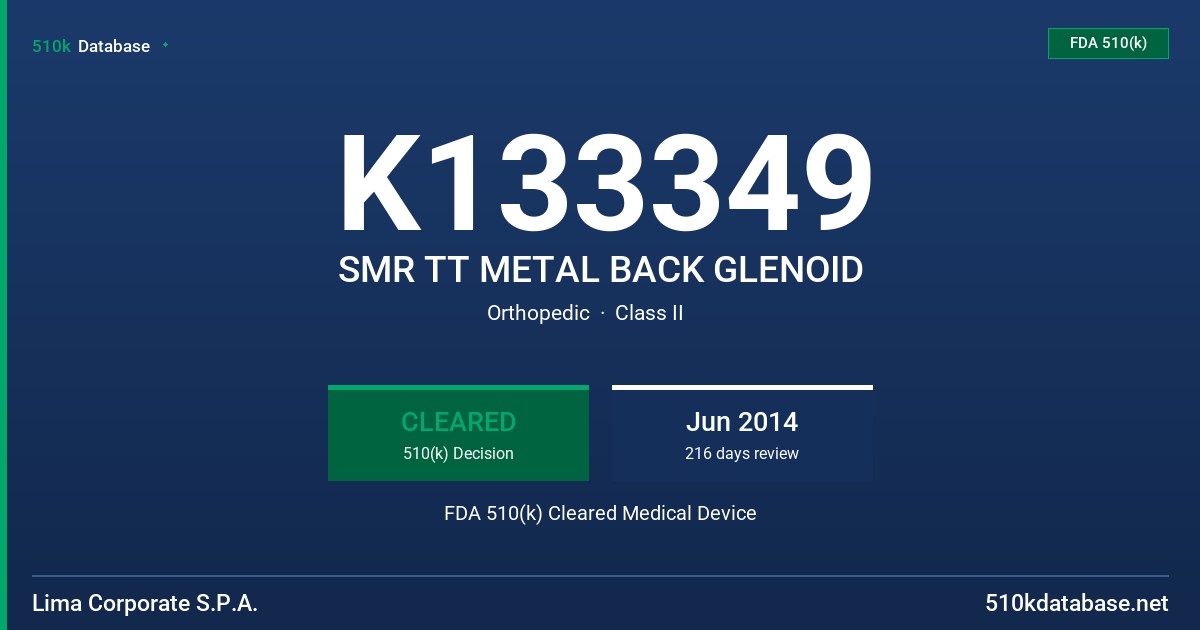 K133349 SMR TT METAL BACK GLENOID FDA 510(k) Cleared Medical Device