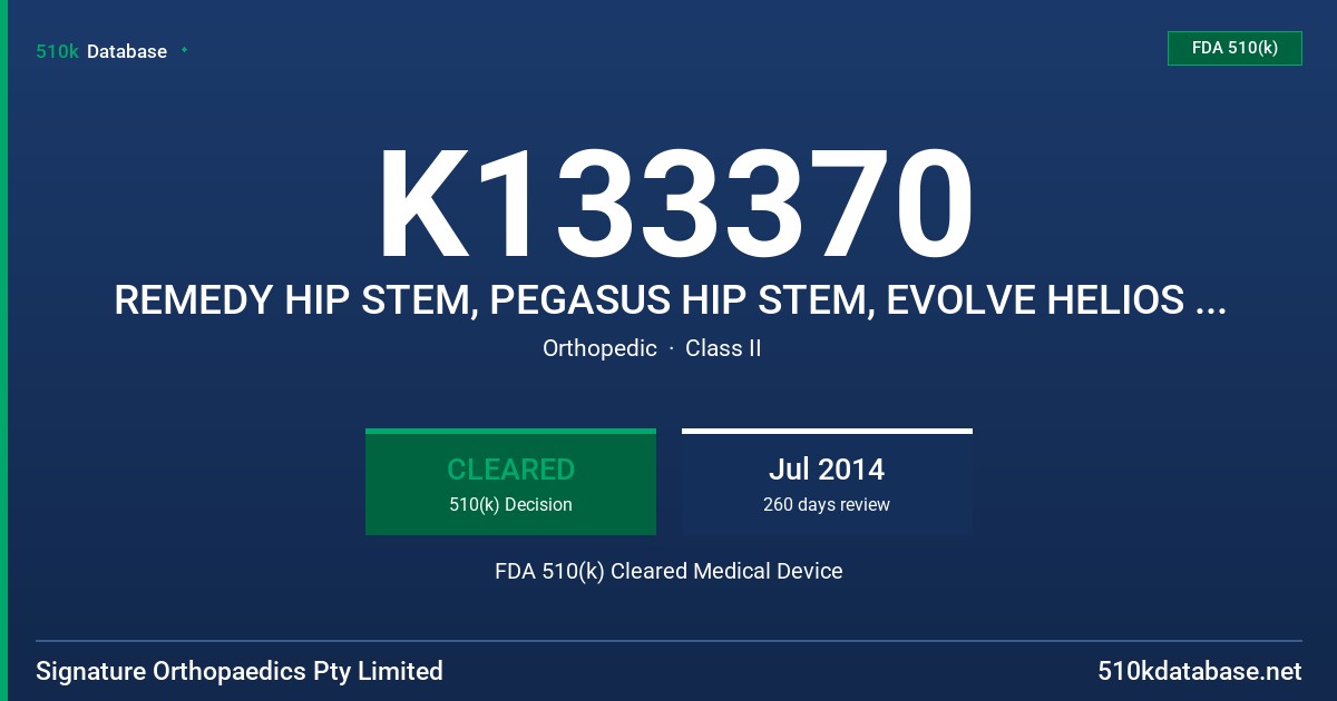 K133370 REMEDY HIP STEM, PEGASUS HIP STEM, EVOLVE HELIOS HIP STEM, EVOLVE MASTERS HIP STEM, EVOLVE DISTAL CENTRALIZER, EVOLVE CE FDA 510(k) Cleared Medical Device