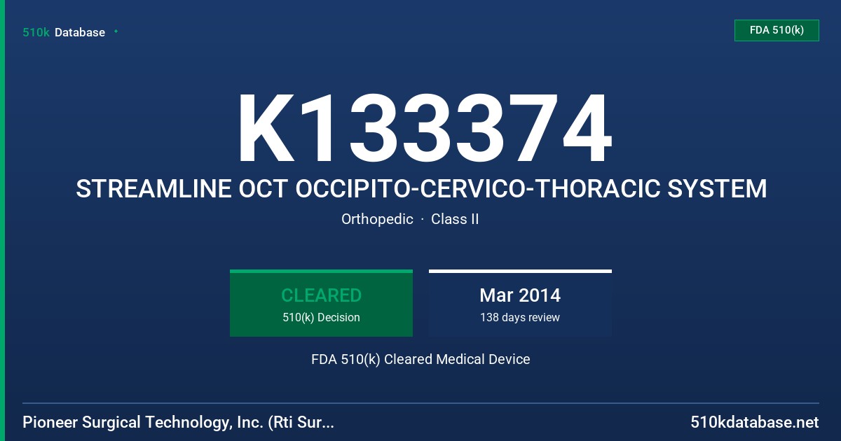 K133374 STREAMLINE OCT OCCIPITO-CERVICO-THORACIC SYSTEM FDA 510(k) Cleared Medical Device