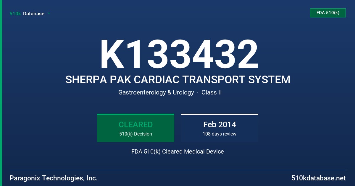 K133432 SHERPA PAK CARDIAC TRANSPORT SYSTEM FDA 510(k) Cleared Medical Device