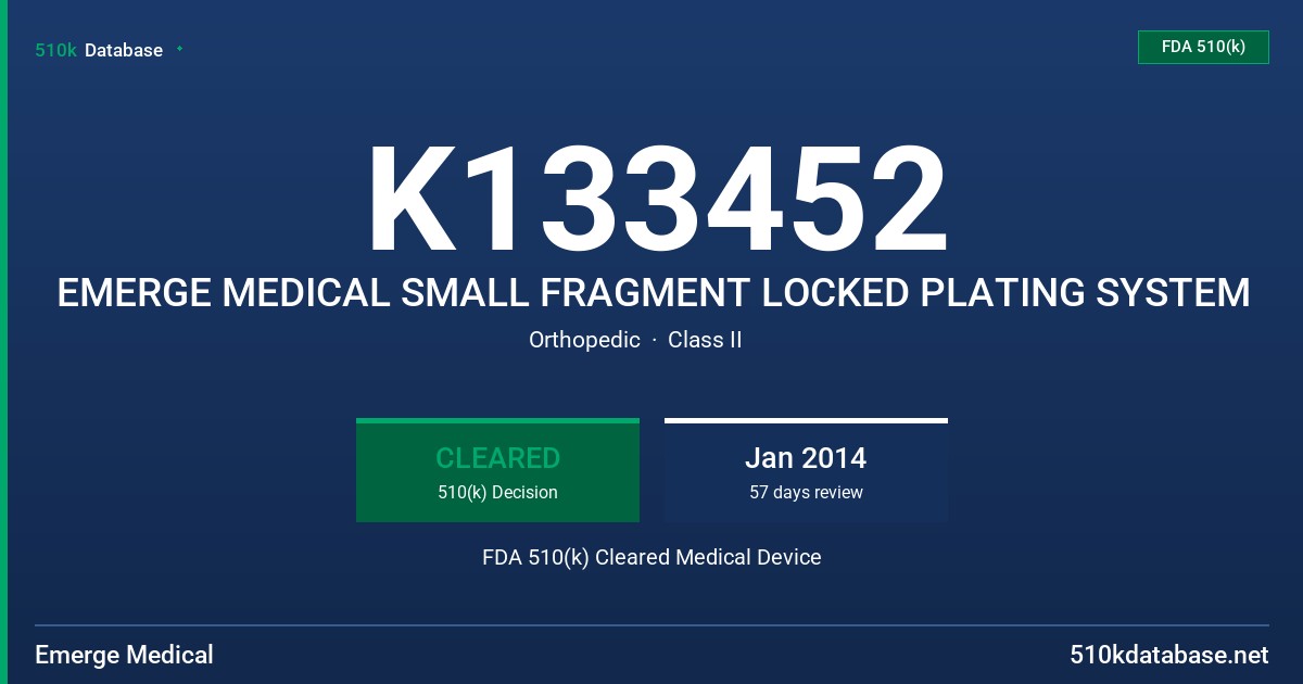 K133452 EMERGE MEDICAL SMALL FRAGMENT LOCKED PLATING SYSTEM FDA 510(k) Cleared Medical Device