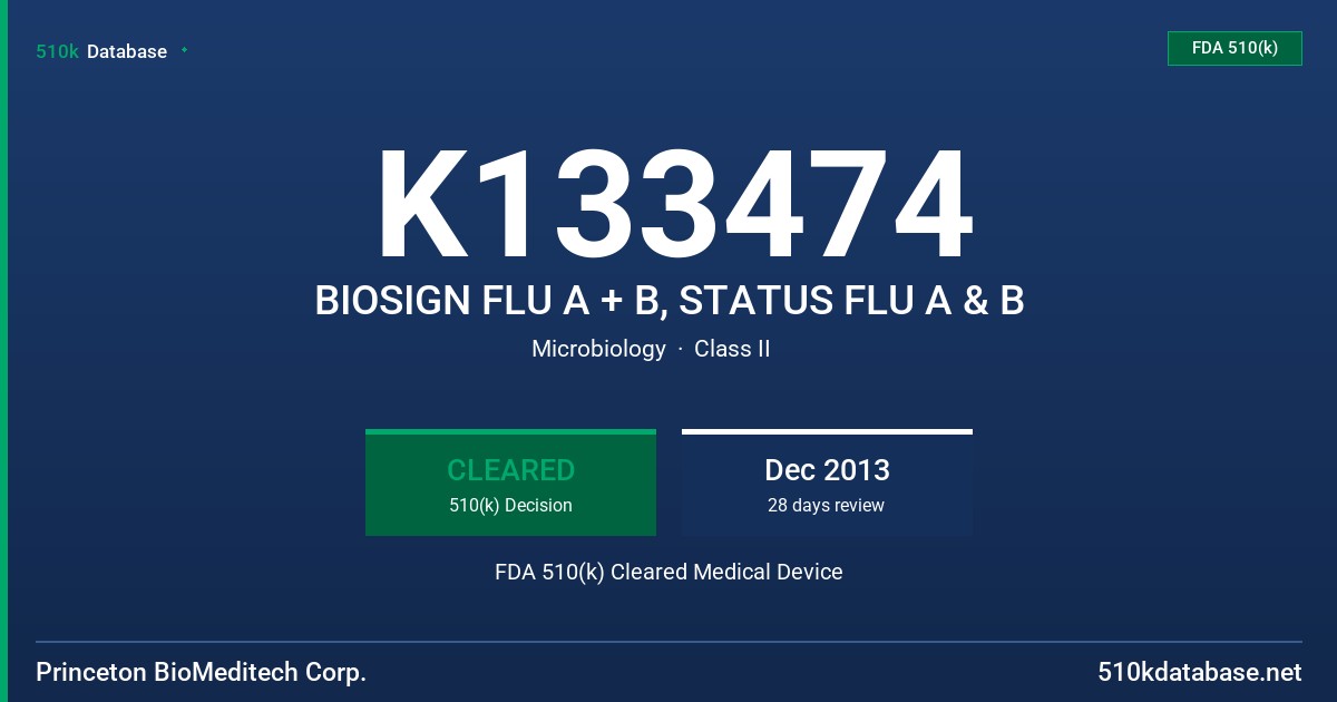 K133474 BIOSIGN FLU A + B, STATUS FLU A & B FDA 510(k) Cleared Medical Device