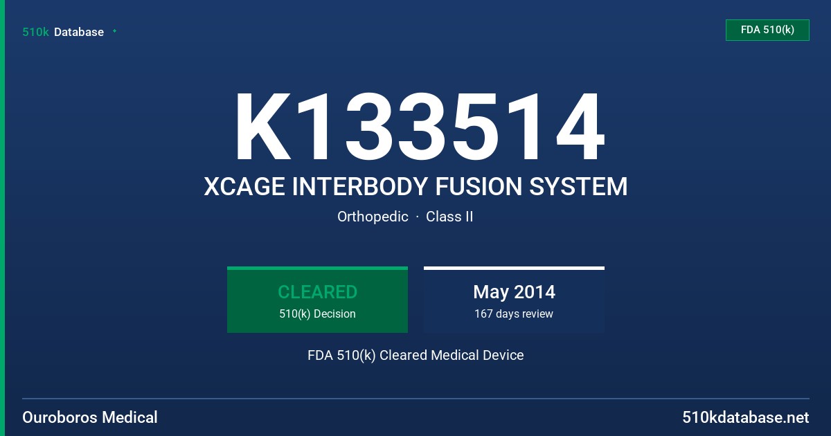 K133514 XCAGE INTERBODY FUSION SYSTEM FDA 510(k) Cleared Medical Device