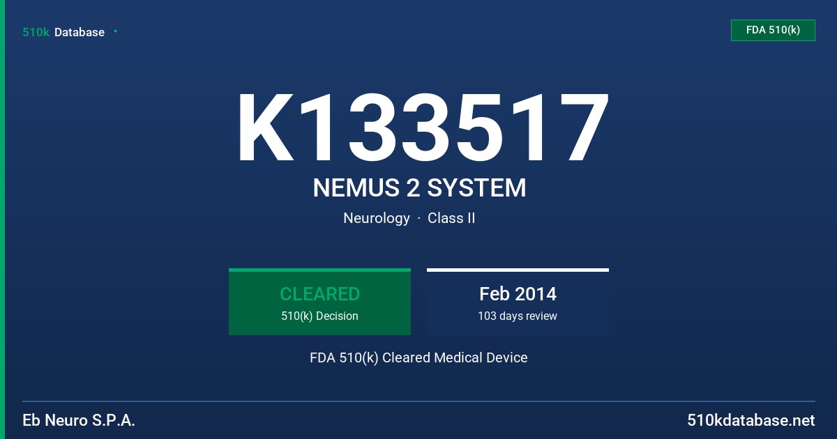 K133517 NEMUS 2 SYSTEM FDA 510(k) Cleared Medical Device