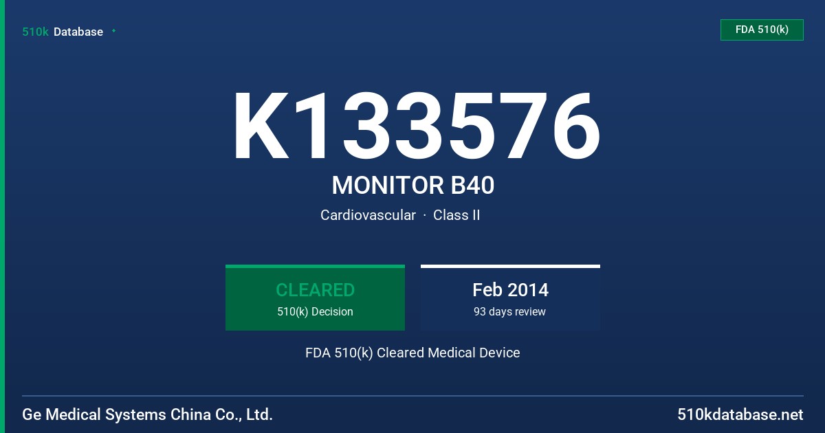 K133576 MONITOR B40 FDA 510(k) Cleared Medical Device