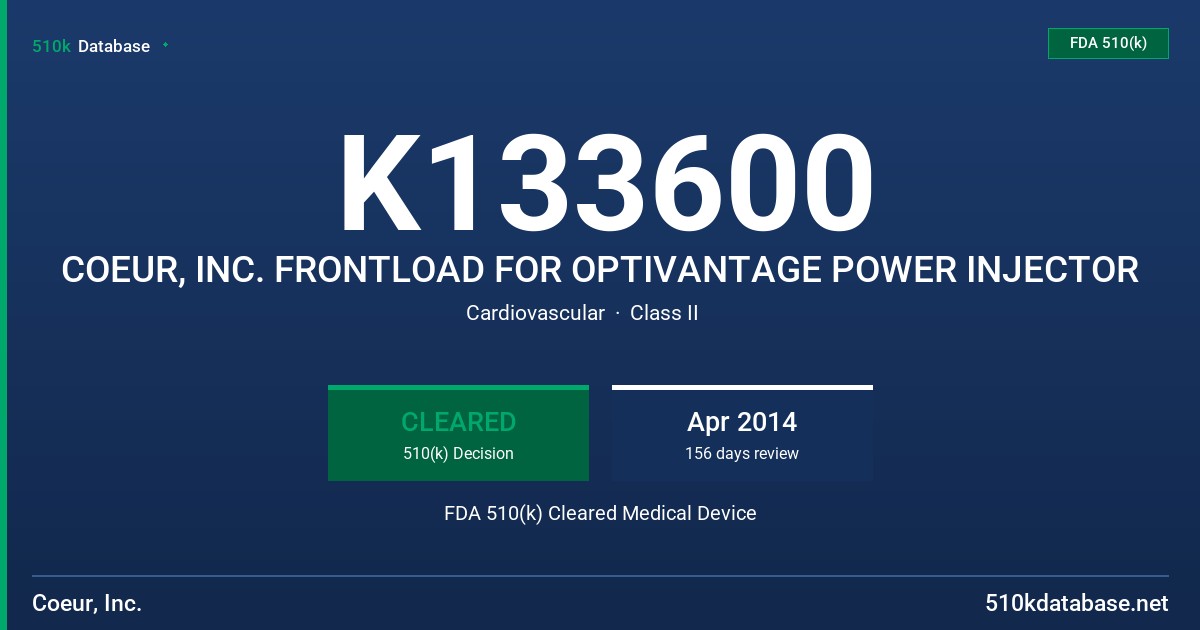 K133600 COEUR, INC. FRONTLOAD FOR OPTIVANTAGE POWER INJECTOR FDA 510(k) Cleared Medical Device