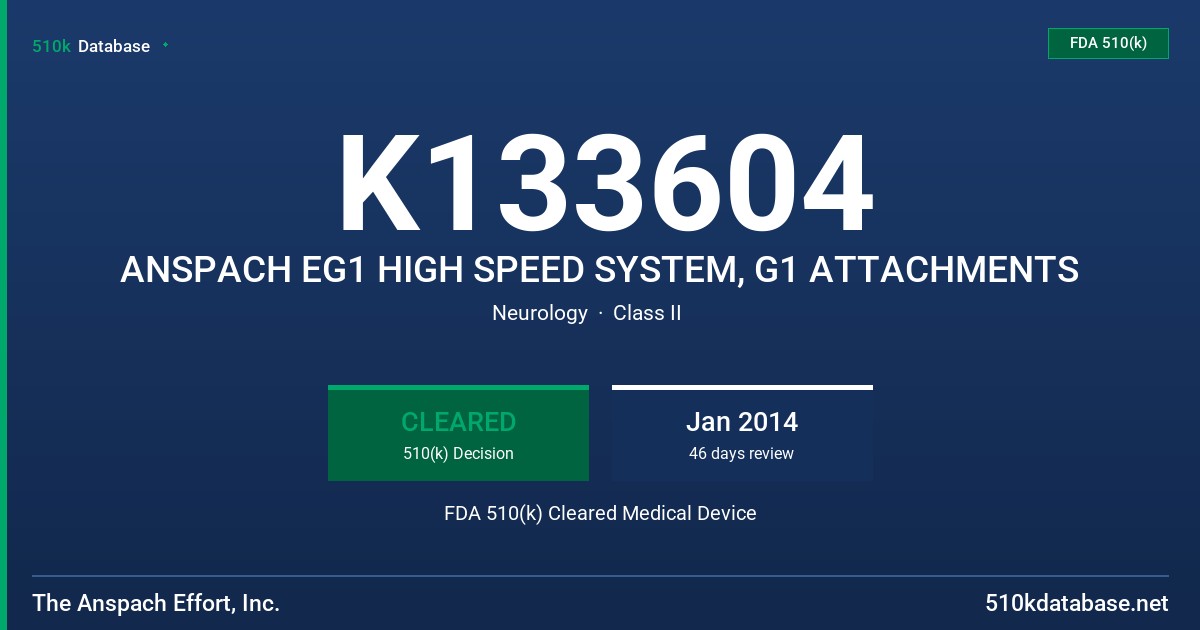K133604 ANSPACH EG1 HIGH SPEED SYSTEM, G1 ATTACHMENTS FDA 510(k) Cleared Medical Device