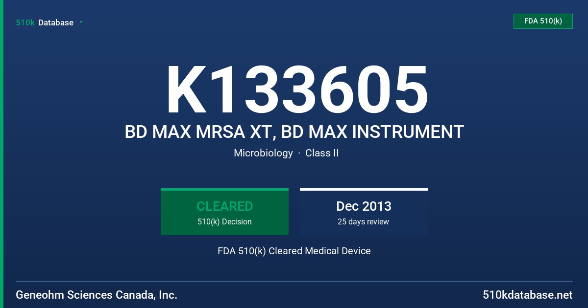 K133605 BD MAX MRSA XT, BD MAX INSTRUMENT FDA 510(k) Cleared Medical Device