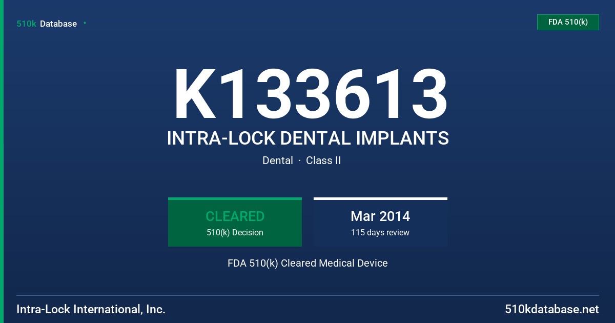 K133613 INTRA-LOCK DENTAL IMPLANTS FDA 510(k) Cleared Medical Device