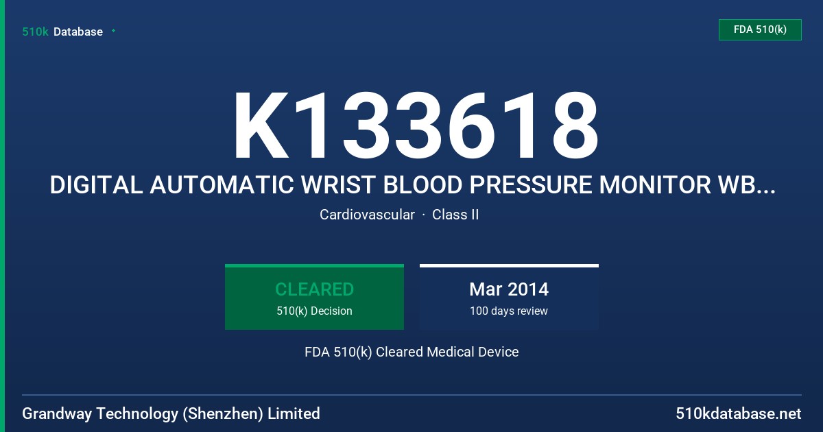 K133618 DIGITAL AUTOMATIC WRIST BLOOD PRESSURE MONITOR WBPM22 SERIES FDA 510(k) Cleared Medical Device