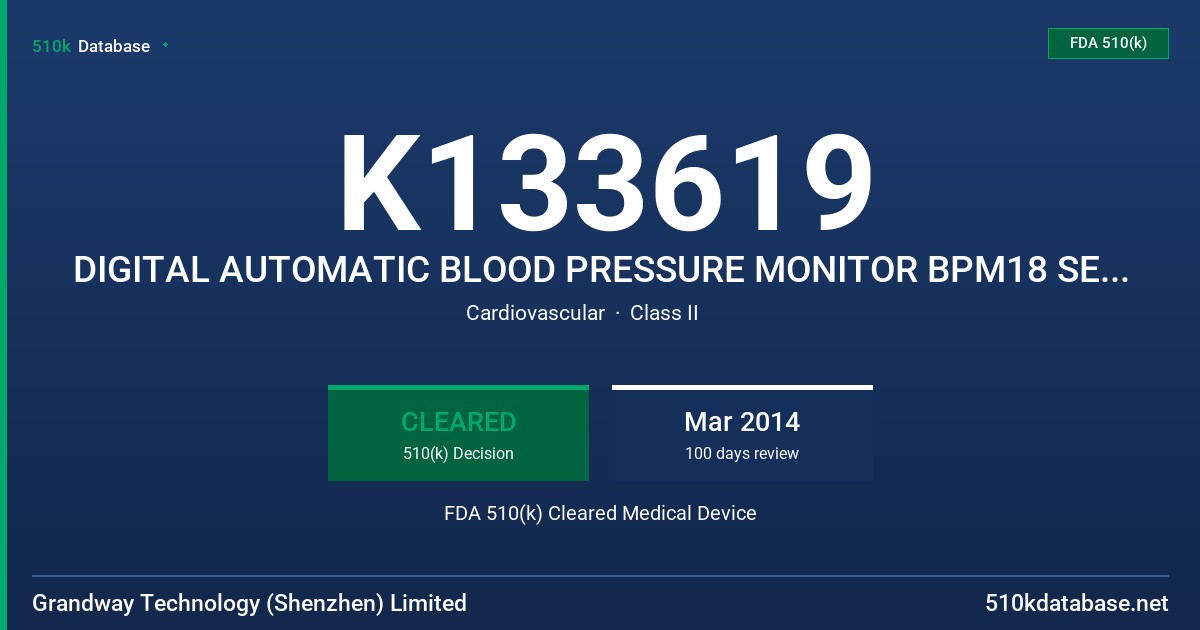 K133619 DIGITAL AUTOMATIC BLOOD PRESSURE MONITOR BPM18 SERIES FDA 510(k) Cleared Medical Device