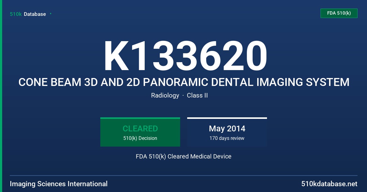 K133620 CONE BEAM 3D AND 2D PANORAMIC DENTAL IMAGING SYSTEM FDA 510(k) Cleared Medical Device
