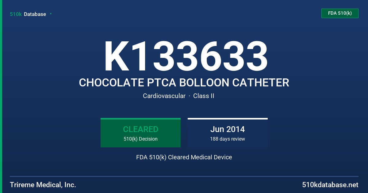 K133633 CHOCOLATE PTCA BOLLOON CATHETER FDA 510(k) Cleared Medical Device