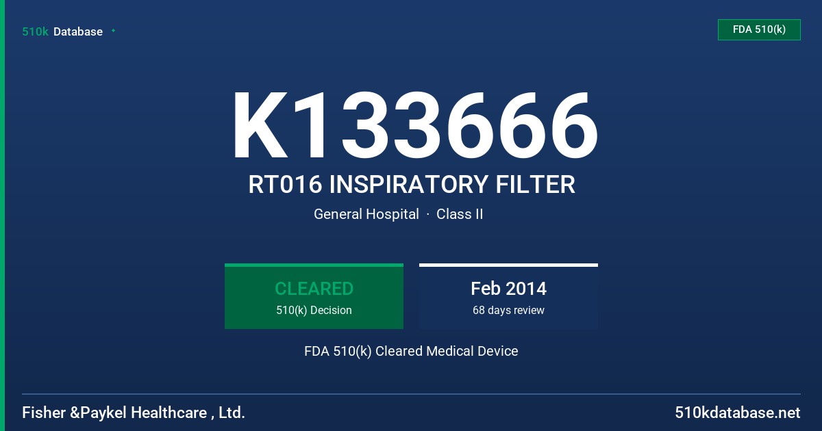 K133666 RT016 INSPIRATORY FILTER FDA 510(k) Cleared Medical Device