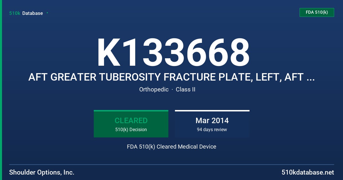 K133668 AFT GREATER TUBEROSITY FRACTURE PLATE, LEFT, AFT GREATER TUBEROSITY FRACTURE PLATE, RIGHT, AFT GREATER TUBEROSITY CANNUL FDA 510(k) Cleared Medical Device